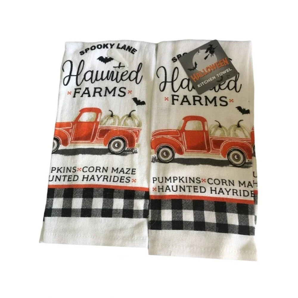 Halloween Kitchen Dish Towels Oven Mitt Potholder Set of 4 Haunted Farm Truck